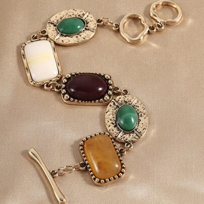 Colorful Resin Bracelet, Zinc Alloy Inlaid Colorful Stone Exquisite Bracelet, Heavy-Duty Fashion Bracelet, Alloy Women's Bracelet, Exaggerated Heart-Shaped Elegant Metal Women's Accessory, Exquisite Elegant Women's Bracelet, Couple's Women's Bracelet, Women's Bracelet, Best Gift For Women