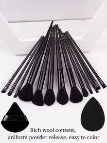13pcs Professional Soft & Fluffy Makeup Brush Set, Including Foundation Brush, Eyeshadow Brush, Kabuki Brush Etc., With Makeup Bag & Sponge, Great Gift For Makeup Beginners - Black - View 5