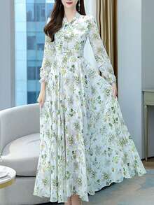 Women's Floral Print Dress - Long Sleeve Waist Cinched Slim Fit, Spring Autumn Fairy Elegant Vacation Midi Dress, Arabic Elegant Style, All Season Daily Wear - 白色 - 查看 6