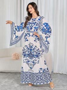 Women's Elegant Printed Mid-Length Dress - Round Neck, Waist Cinched, Asymmetrical Flared Sleeves, Suitable For Spring/Autumn, Festivals, Daily Wear, And Vacation - Royal Blue - View 5