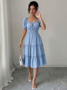 Summer Square Neck Smocked Dress Women's Short Sleeve Ruffle Trim Flounce Hem Solid Color Casual Beach Vacation Midi Dress - 淺藍色 - 查看 4