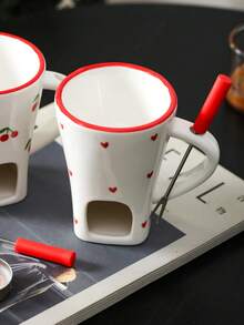 Heart-Shaped Cherry Ceramic Chocolate Melting Candle Warmer, Home Kitchen Ice Cream Hot Pot Cheese Fondue Set With Forks - Multicolor - View 13