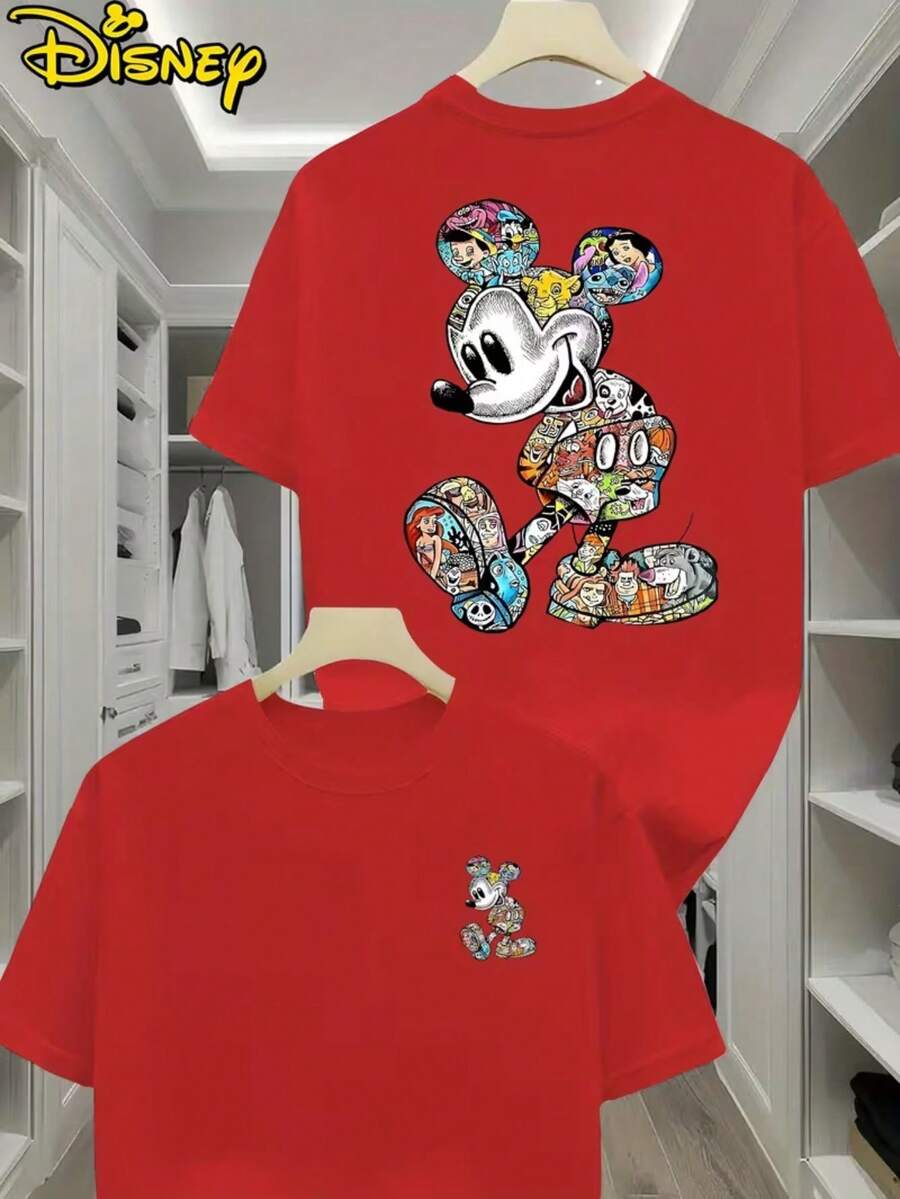 Disney Mickey Mouse Men's T-Shirt-Creative Cartoon Printing, Breathable Light Fabric, Regular Round Neck Summer Street Casual Shirt, Disney Shirt. - Red - View 1