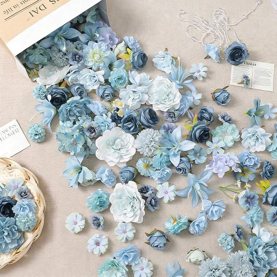 20/40pcs Artificial Flower Material Pack, Faux Silk Flowers, DIY Headpiece Wreath Supplies, Wedding Bouquet, Valley Decor - Blue Series - View 1