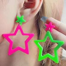 1对时尚镂空五角星亚克力耳环，简约风格，女士款 - 螢光色鏤空星 - 查看 4