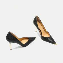 女士高跟尖头时尚优雅浅口鞋，适合派对、通勤、春夏基本款镶钻套脚鞋 - 黑色 - 查看 2