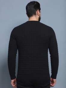 Men's Plain Square Knit Sweater, Round Neck, Long Sleeve, Thick Wool Sweater. - Black - View 2