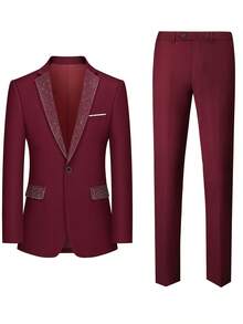 Men's 3-Piece Suit With Rhinestone Lapel, Slim Fit Blazer And Pants Set, Formal Business Wedding Prom Tuxedo With White Dress Shirt - Màu Đỏ Sâu - Xem 4