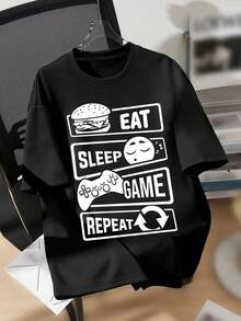 青少年男孩卡通游戏和标语印花圆领T恤 春夏Y2K男童休闲T恤柔软上衣 - 黑色 - 查看 1