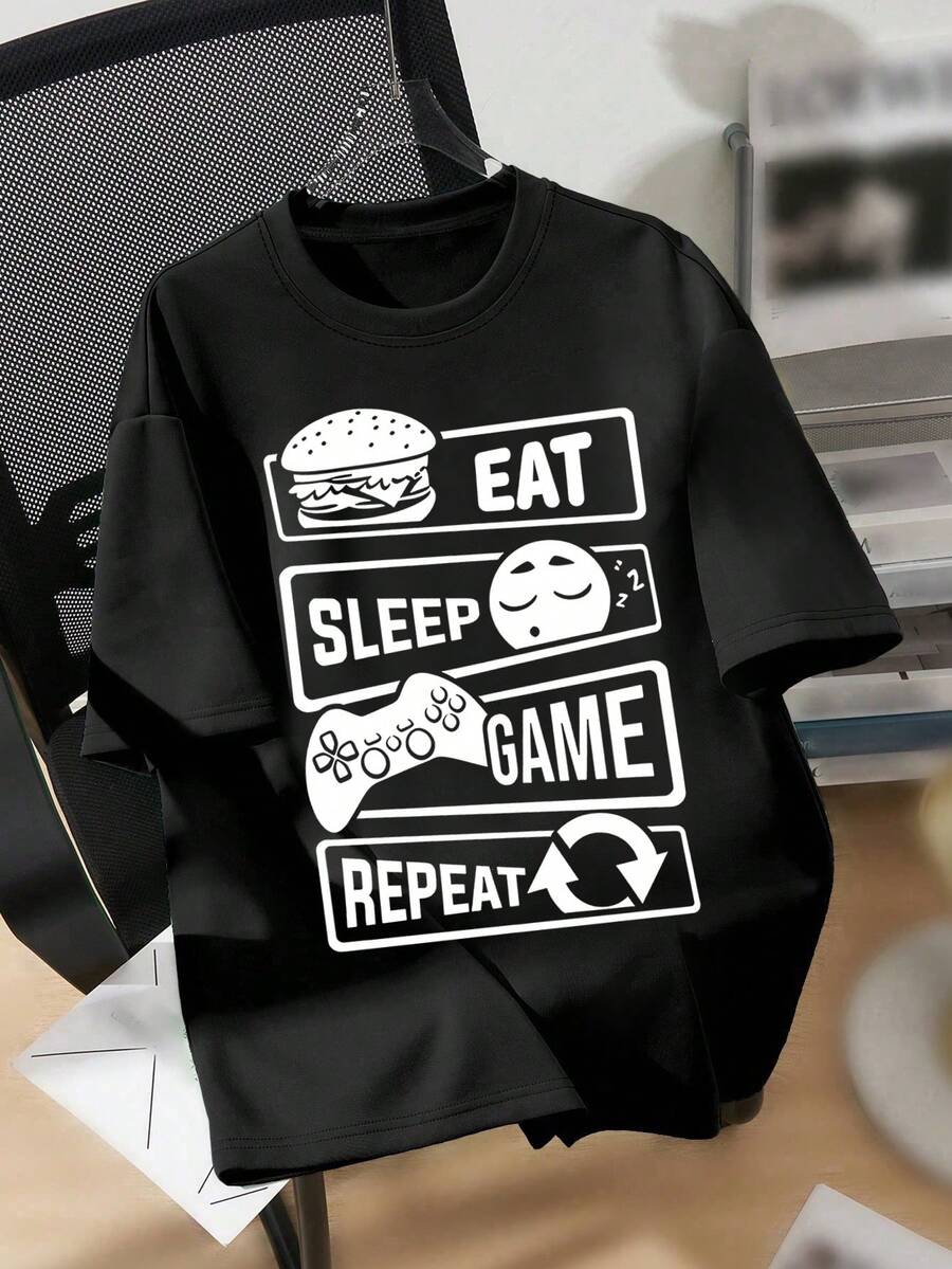 青少年男孩卡通游戏和标语印花圆领T恤 春夏Y2K男童休闲T恤柔软上衣 - 黑色 - 查看 1