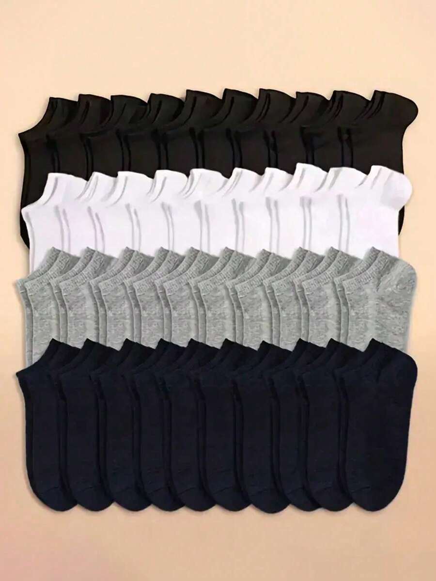 20 Pairs Women Black, White, Gray Ankle Socks, Fashionable Minimalist Short Socks - Black - View 1