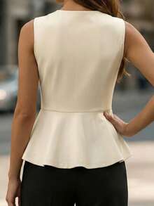 女士优雅针织背心 - 米色，圆领，蝴蝶结纽扣装饰，荷叶边下摆，修身版型，高弹力 - 杏色 - 查看 4