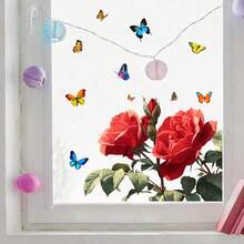 Vibrant Red Rose & Butterfly Glass Sticker | Living Room Door Wall Window Decor Self-Adhesive Translucent Wall Sticker, Glam Style, Geometric Pattern, Vinyl Material, Pre-Pasted, Single Use, Irregular Shape, Semi-Matte End, 9mil Thickness - A - View 5