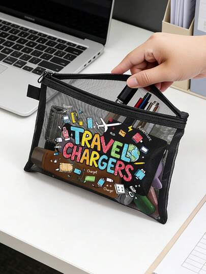 Colorful "Travel Charger" Letter Pattern Mesh Cosmetic Bag, Travel Mesh Toiletry Bag, Portable Makeup Storage Pouch, Electronic Device & Cable Storage, Suitable For Vacation, Office, Shopping, Hotel, Back To School Gift, Birthday Gift, Travel Accessories, Mother's Day Gift, Wedding Accessories