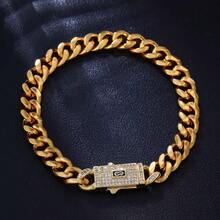 男士6毫米不锈钢项链，14K镀金链，镶嵌锆石，钛钢扣，节日礼物 - 款式1 - 查看 9