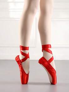 女士专业芭蕾舞鞋，配缎带，时尚红色缎面舞蹈鞋 - 紅色 - 查看 3