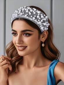 1pc Elegant White Pearl Headband, Fashionable Minimalist Mesh Hollow Wide Hairband, Suitable For Bride, Wedding, Celebration, Date, Outing, Holiday Party, Gift, Casual Wear - White - View 6