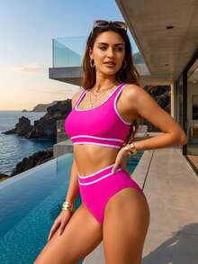 Two Piece Bikini Set, Scoop Neck, High Waist, Multi Color - Hồng - Xem 5