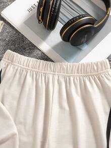 2pcs/Set Boys' Casual Outgoing Letter Print Dropped Shoulder Short Sleeve Top And Straight Leg Pants, Spring/Summer - Apricot - View 7