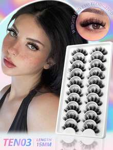 10 Pairs Cartoon Style Faux Mink Eyelashes, Natural & Thick False Eyelashes, Travel Essential Makeup Tool, Strip Eyelashes - Black - View 3