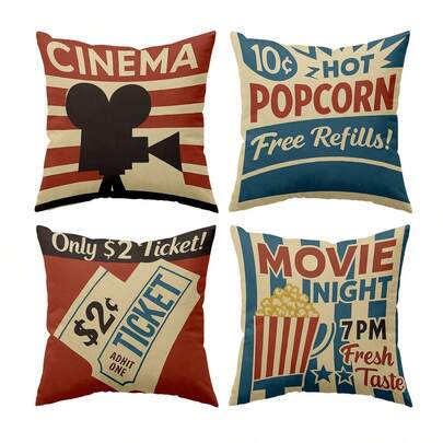 4件套复古电影主题抱枕套，45x45厘米亚麻枕套，2D平面印花，无刺绣，适用于客厅沙发和床装饰，复古家居装饰，不含枕芯