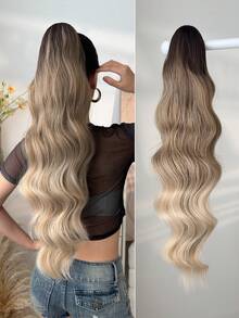 Ponytail Extension Drawstring Clip Style Hair Extensions In Gold, Burgundy, Orange, Gradient Brown, 28 Inch Long Wave Synthetic Heat-Resistant Fiber Synthetic Wig, Suitable For Women's Christmas, Halloween, Music Festival Parties, And Daily Use - Two-Tone - View 8