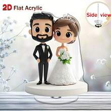 2D旋转婚礼摆件 - 2D旋转新郎新娘桌面摆件，白色底座，透明亚克力材质，可替代婚礼蛋糕装饰，适用于周年纪念、家居和办公室装饰 - 360°旋转，双面2D设计，办公桌配件，办公用品 - A - 查看 5