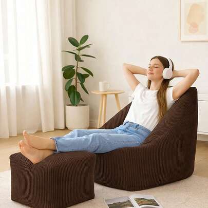 Large Bean Bag Chair With Footstool | Adult Bean Bag Sofa With Filling Included | Comfortable Lounge Chair For Living Room & Bedroom