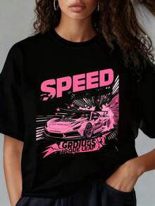 Slick Speed Racing Car Graphic T-Shirt For Women Pink And Black Design With Gradius Arque League Print Unisex Streetwear Fashion TopBoth Men And Women Can Wear It, And It Is Suitable For Christmas Partysports Activityholiday Partyoutingsports And Other Holiday Gifts (220g). - Black - View 1
