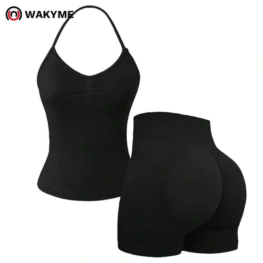 WAKYME 女款黑色背心短褲運動套裝,休閒兩件套 | 聚攏胸部 | 抓皺提臀 | 修身舒適,適合戶外通勤、瑜伽、皮拉提斯、健身房運動的女性健身服 - 黑色 - 查看 1