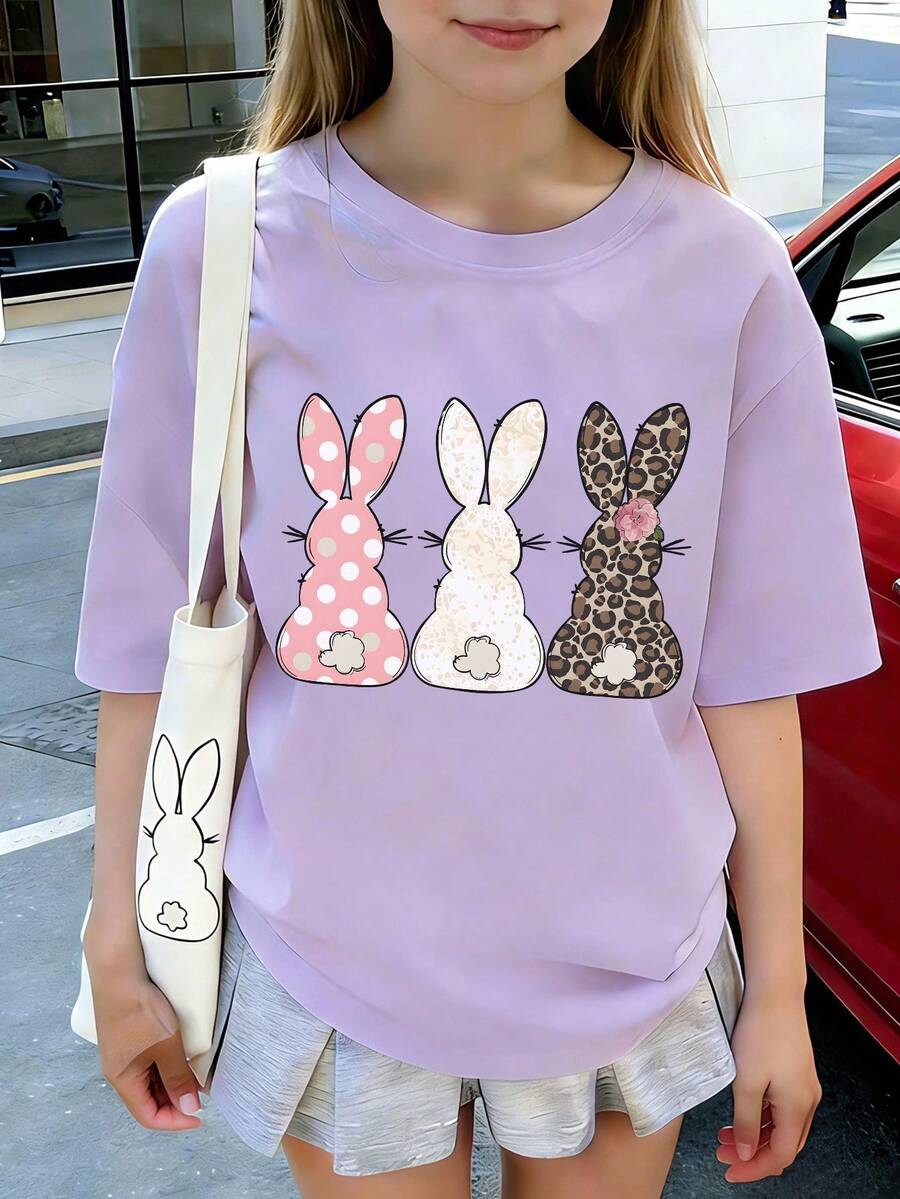 1pc Cute Rabbit Print Short Sleeve T-Shirt For Tween Girls, Young Student Summer Clothing Top - Purple - View 1
