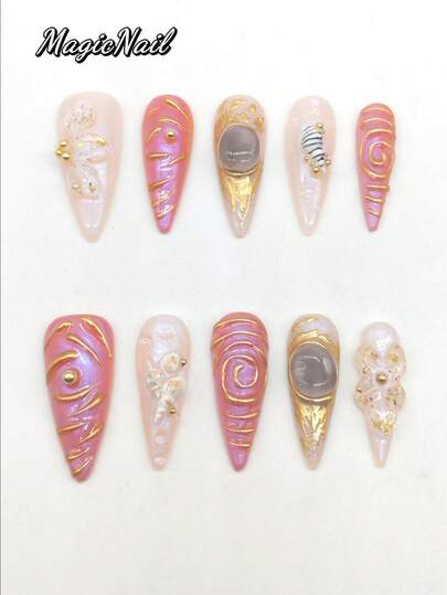 10 Pieces Of Pure Hand-Pressed Wearable Nail, 33mm Length Thin High-Heel Nail, Pink White Nail, Coral Orange Nail, Three-Dimensional Raised Transparent Flower Golden Glitter Decoration, Raised Golden Line Pattern, Raised Scallop Conch Pattern. Cute Pointed Nail Piece. It Is Suitable For Daily Leisure Vacations, Banquets, Parties, Shows And Other Activities. Handmade Press On Nails