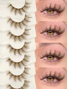 Asiteo 7对装自然卷曲棕色仿貂毛假睫毛，透明睫毛梗，纤细浓密猫眼妆，蓬松自然，透明睫毛梗，3D卷翘，整条假睫毛，睫毛嫁接，假睫毛，睫毛，假睫毛，女士礼物，女孩礼物，派对用品，婚礼礼物，日常妆容和工作 - 棕色 - 查看 1