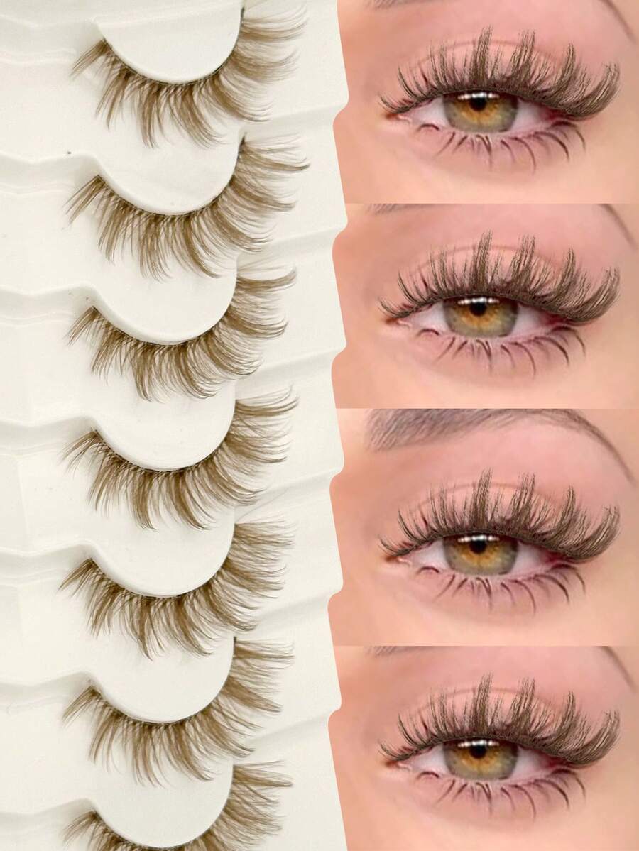 Asiteo 7对装自然卷曲棕色仿貂毛假睫毛，透明睫毛梗，纤细浓密猫眼妆，蓬松自然，透明睫毛梗，3D卷翘，整条假睫毛，睫毛嫁接，假睫毛，睫毛，假睫毛，女士礼物，女孩礼物，派对用品，婚礼礼物，日常妆容和工作 - 棕色 - 查看 1