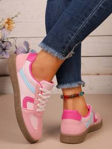 1 Pair Round Toe Lace-Up Sneakers, Women's Versatile Lace-Up Flat White Shoes, Low-Top Sports Casual Shoes - Pink - View 6