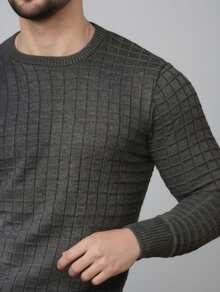 Men's Plain Square Knit Sweater, Round Neck, Long Sleeve, Thick Wool Sweater. - 深灰色 - 查看 5