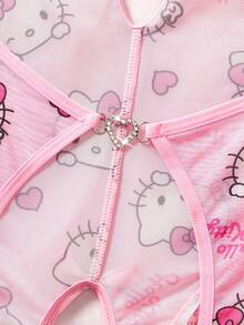 SANRIO 女士Hello Kitty粉色V领透视泰迪连体衣，性感内衣 - 粉色 - 查看 5
