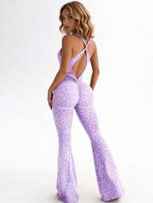 NcmRyu 1pc Women Leopard Print Criss-Cross Back Design Ruched Lifting Flare Jumpsuit - Purple - View 8