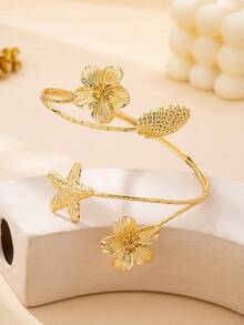 1件时尚海洋主题金属海星、贝壳和花朵吊坠手链，适合女性日常佩戴和海滩度假佩戴 - 金黃色 - 查看 2