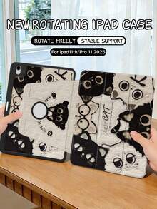Compatible With IPad 10/9/2025 Pro 11 Inch, Double-Sided High-Definition Printing Oil Painting Style Black And White Cat Pattern Tablet Protective Case, Transparent Acrylic Back Cover, 2026 New Version, Auto Wake/Sleep, Multi-Angle Stand With Pen Slot, Essential For Office And Study, Non-Magnetic Protective Case - Multicolor - View 4