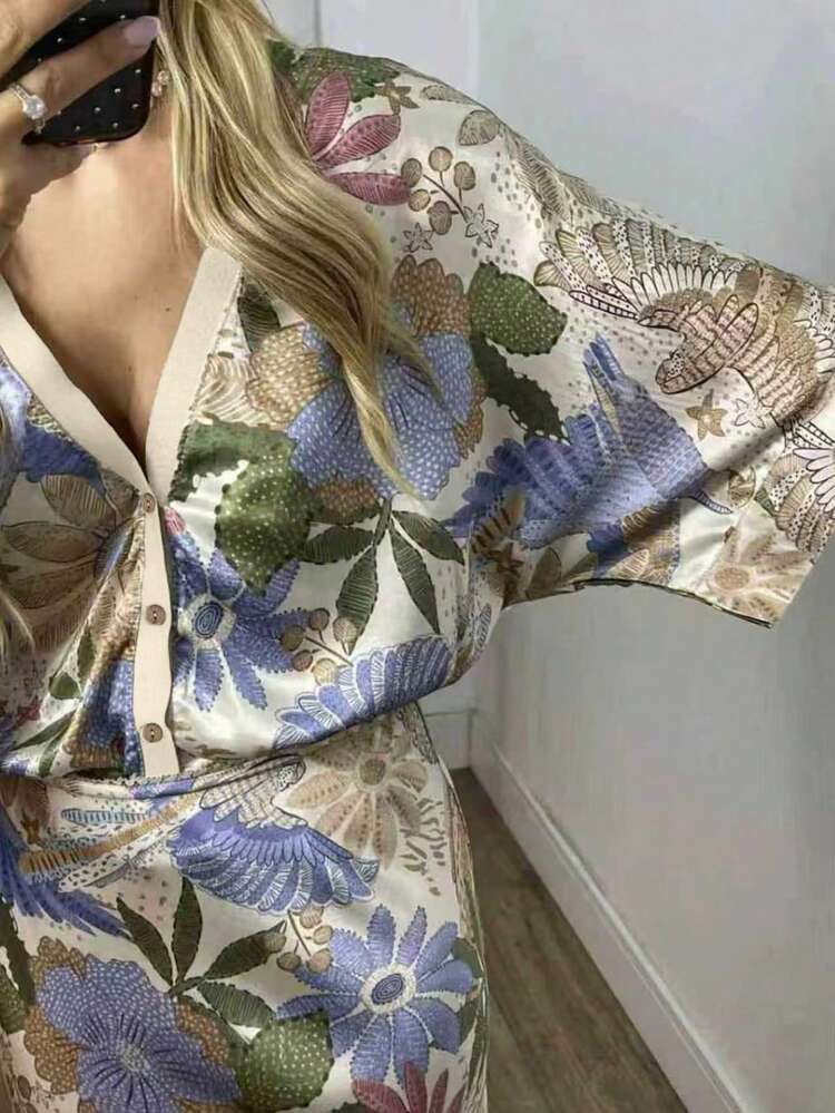 大码女士优雅两件套，复古花卉印花上衣和半裙套装，休闲时尚波西米亚风优雅套装，适合夏季穿着。 - 彩色 - 查看 5