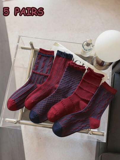5 Pairs Angora Wool Mid-Calf Socks For Women, Minimalist Versatile Style, Fresh Retro Vibe, Suitable For Spring Mid-Calf Socks Wear, Fit For Daily Commute