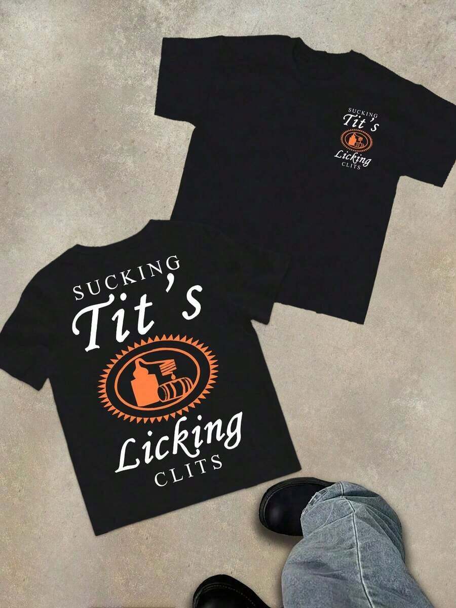 Funny Tito Drinking Humor Printed Round-Neck-Shirt (220g Cotton-Shirt)% Cotton Fabric - Street Style Neutral Round-Neck Breathable Short-Sleeved-Shirt, Retro, Casual, Versatile And Fashionable Summer Men's Daily Wear-ShirtUnisex Casual-Shirts - 黑色 - 查看 1