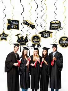 12pcs Gold & Black 2026 Graduation Decorations, Suitable For Graduation Party Ceiling Decor, Photo Booth Props, 2026 Graduation Party Decorations, Party Supplies, Graduation Gifts, Grad Accessories - Multicolor - View 3