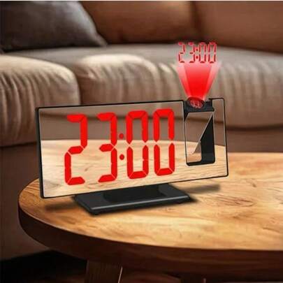【1个多功能数字闹钟】1个多功能数字闹钟，带大尺寸LED显示屏 - USB供电，长方形塑料旅行闹钟，带投影功能，扁平表冠，≤36V工作电压，带闹铃和温度显示