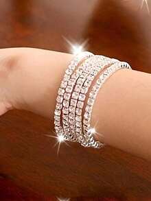 5pcs Glittering Rhinestone Beaded Elastic Bracelets Party Style Adjustable Stretchy Chain Bracelets, Ideal Women Gifts PILM - Bạc - Xem 3