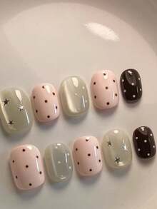10片手工制作的按压式美甲贴片，短椭圆形美甲贴片，粉棕色美甲贴片，可爱治愈风，粉棕色猫眼手绘波点星星装饰，简约甜美的按压式美甲贴片，适合女性和女孩，春、夏、秋、冬各大节日、派对和日常生活。按压式美甲贴片 - 彩色 - 查看 11