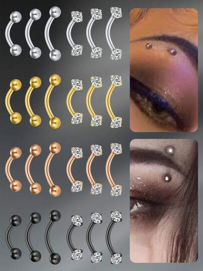 3pcs Funky Stainless Steel Cubic Zirconia Eyebrow Ring For Women Men For Daily Decoration, 16G Rook Earrings 6/8/10mm Gold Black Eyebrow Studs Eyebrow Piercing Jewelry Earrings Studs Helix Conch Tragus Earrings