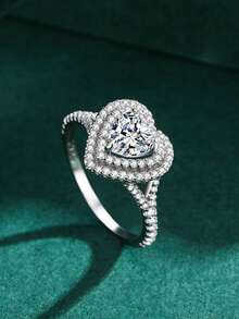 1pc 925 Sterling Silver Romantic Luxury Heart Shaped Sparkling 5A CZ Ring, Bridal Statement Jewelry - Silver - View 2