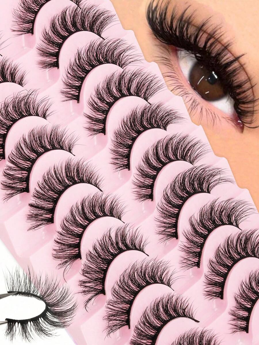 10对俄罗斯条纹蓬松猫眼假睫毛，D卷度，浓密凌乱仿貂毛假睫毛，适用于化妆，条状假睫毛，睫毛，假睫毛，假睫毛，可重复使用，日常化妆工具 - 查看 1